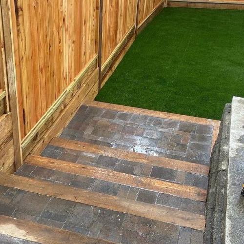  | We transformed this back yard, with a new walkway, stairs, a beautiful new cedar fence and wall, artificial turf and another set of stairs & wall made out of Allan block! | Paver Patios, Walkways & Driveways 